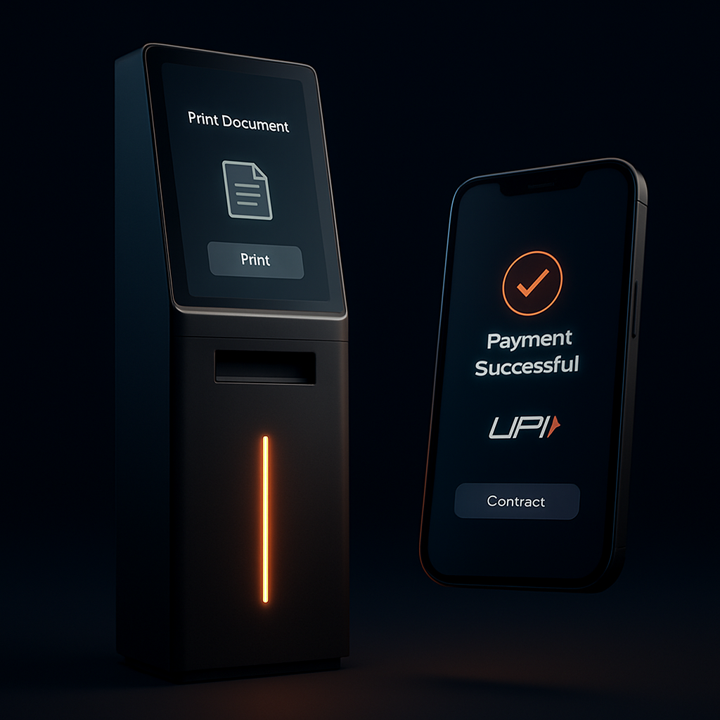 scan2print interface alongside a smartphone showing an instant UPI payment